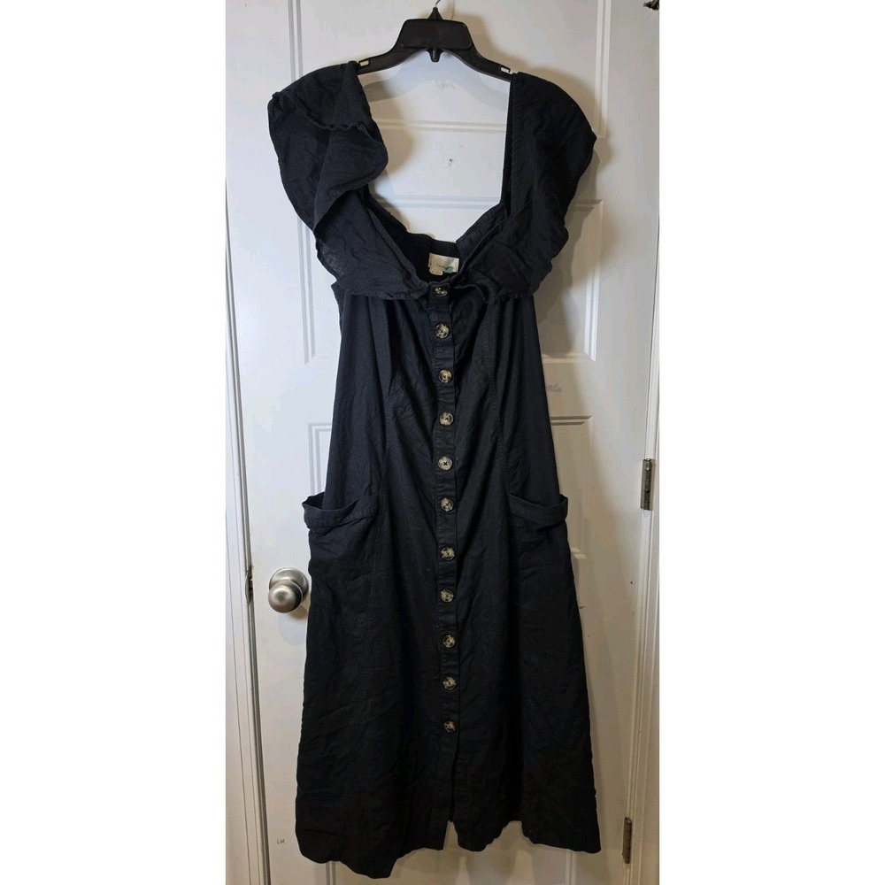 Anthropologie Black Midi Dress Ruffle Flutter Sleeve Button Front Pockets 20W